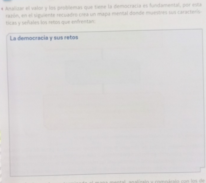 ← Analizar el valor y los problemas que tiene la democracia es fundamental, por esta 
razón, en el siguiente recuadro crea un mapa mental donde muestres sus caracterís- 
ticas y señales los retos que enfrentan: 
La democracia y sus retos 
mental analízalo y compáralo con los de