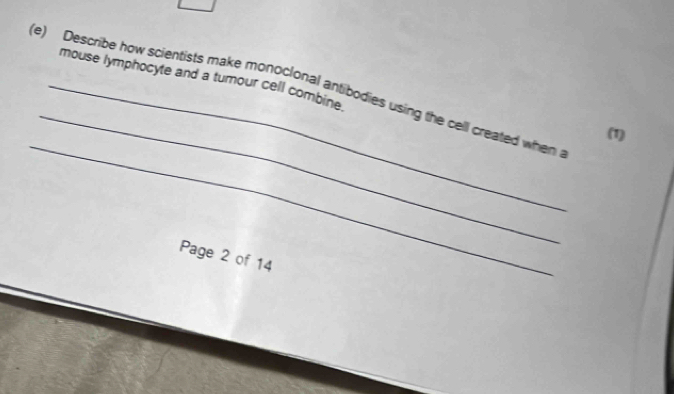 mouse lymphocyte and a tumour cell combine. 
(e) Describe how scientists make monocional antibodies using the cell created when 
_ 
(1) 
Page 2 of 14