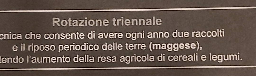 Rotazione triennale 
cnica che consente di avere ogni anno due raccolti 
e il riposo periodico delle terre (maggese), 
tendo l'aumento della resa agricola di cereali e legumi.