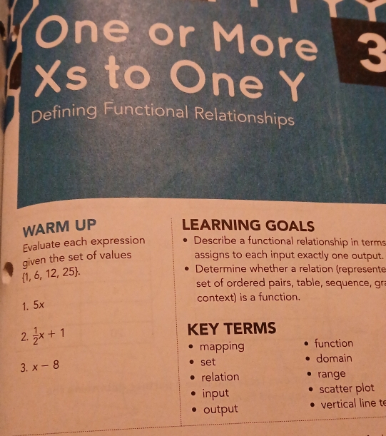 ne or More 3
Xs to ne Y
Defining Functional Relationships
WARM UP LEARNING GOALS
Evaluate each expression Describe a functional relationship in terms
given the set of values assigns to each input exactly one output.
 1,6,12,25. 
Determine whether a relation (represente
set of ordered pairs, table, sequence, gra
context) is a function.
1. 5x
2.  1/2 x+1 KEY TERMS
mapping function
3. x-8
set domain
relation range
input scatter plot
output vertical line t