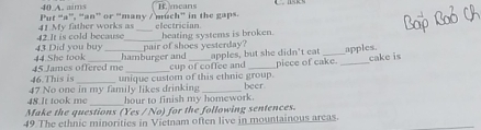 40 A. aims
Put 'a”, 'an” or “manv / mûch” in the gaps. B. means
42.It is cold because 41 My father works as _electrician heating systems is broken.
44.She took 43 Did you buy pair of shoes yesterday? apples.
hamburger and
46. This is 45 James offered me _cup of coffee and apples, but she didn't cat piece of cake. _cake is
unique custom of this ethnic group.
48.It took me 47 No one in my family likes drinking hour to finish my homework. beer
Make the questions (Yes / No) for the following sentences.
49 The ethnic minorities in Vietnam often live in mountainous areas