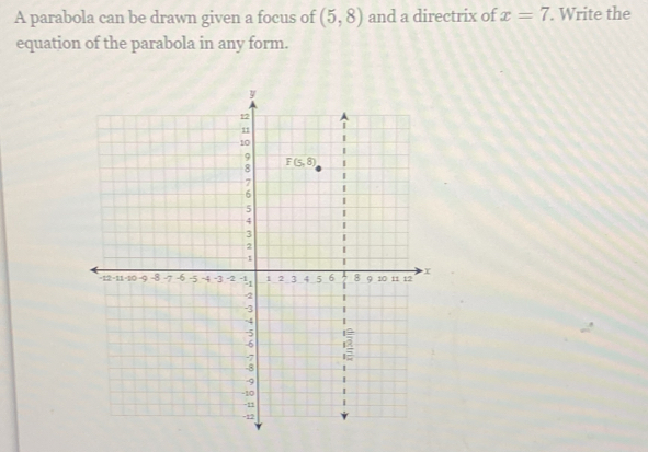 A parabola can be drawn given a focus of (5,8) and a directrix of x=7. Write the
equation of the parabola in any form.