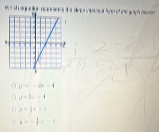 Which equation represents the slope intercept form of the graph belor
y=_ -2x-4
y=2x-4
y= 1/2 x-4
y=- 1/2 x-4