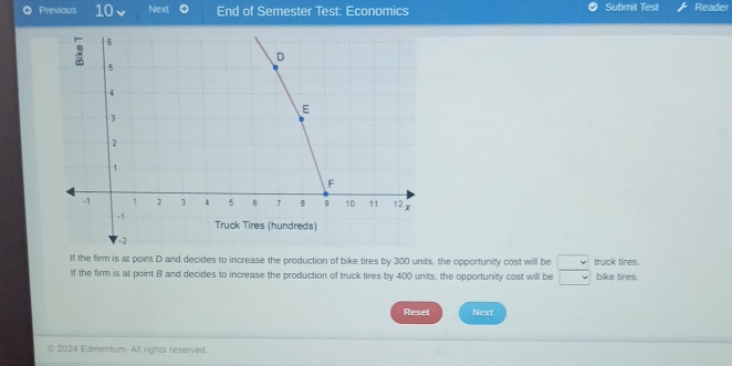 Previous 10、 Next 。 End of Semester Test: Economics Submit Test Reader 
If the firm is at point D and decides to increase the production of bike tires by 300 units, the opportunity cost will be truck tires. 
If the firm is at point B and decides to increase the production of truck tires by 400 units, the opportunity cost will be bike tires. 
Reset Next 
2024 Edmentum. All rights reserved.