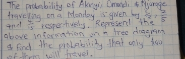 The probability of Akingi Omand; Norage 
travelling on a Monday is given by  1/3 ,  2/5 
and  4/15 = respectively, Represent the 
above information on a tree diagramt 
find the probability that only two 
of them will frivel.