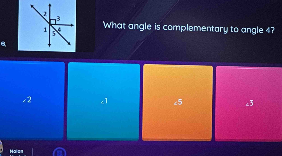 What angle is complementary to angle 4?
∠ 2
∠ 1
∠5
∠ 3
Nolan