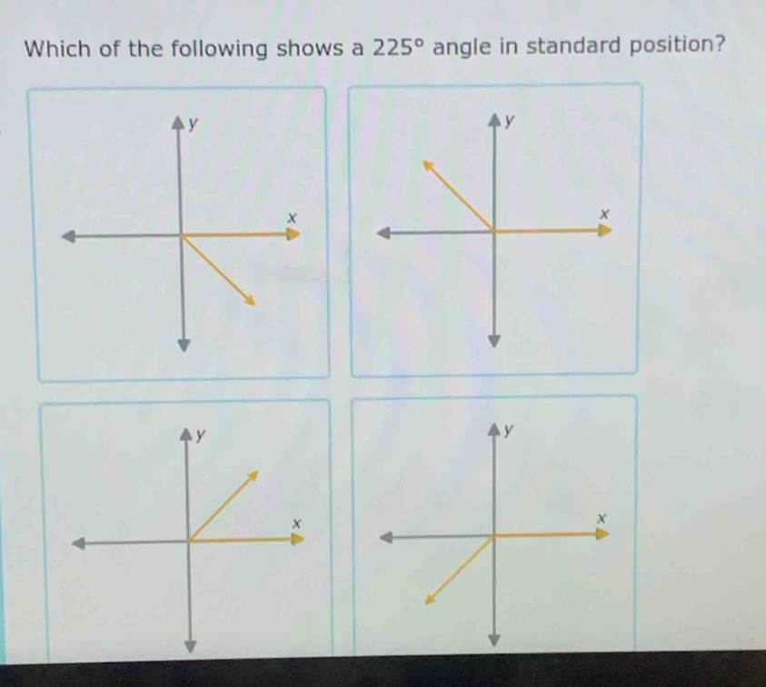 Which of the following shows a 225° angle in standard position?
y