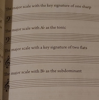 'The major scale with the key signature of one sharp 
The major scale with Ab as the tonic 
The major scale with a key signature of two flats 
The major scale with Bb as the subdominant