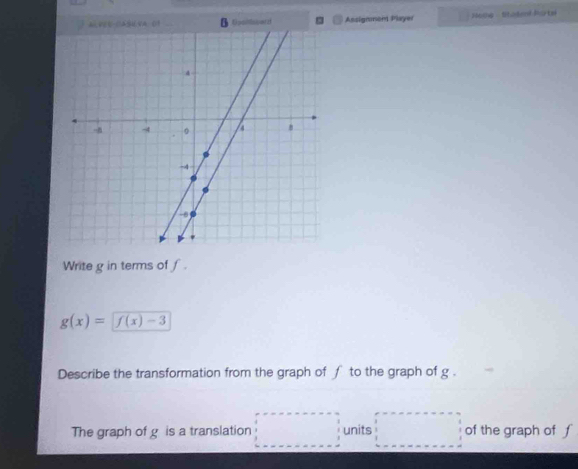 VE-CASUVA.01 Goohlsoard Assigmment Player Nome - thadenf Porte 
Write g in terms of f.
g(x)= f(x)-3
Describe the transformation from the graph of f to the graph of g. 
□  
The graph of g is a translation units of the graph of f