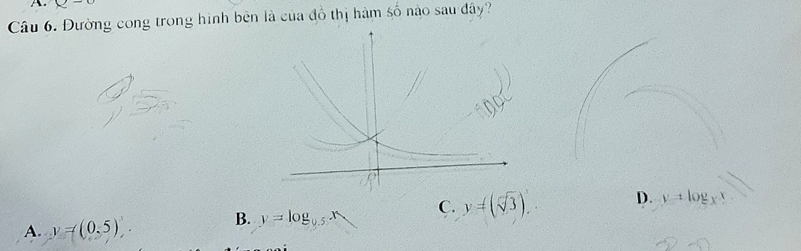 x- 
Câu 6. Đường cong trong hình bên là của đồ thị hàm số nào sau đây?
C. y=(sqrt[3](3))^x
D.
A. y=(0,5)^x. y=log _xx
B. y=log _0.5x