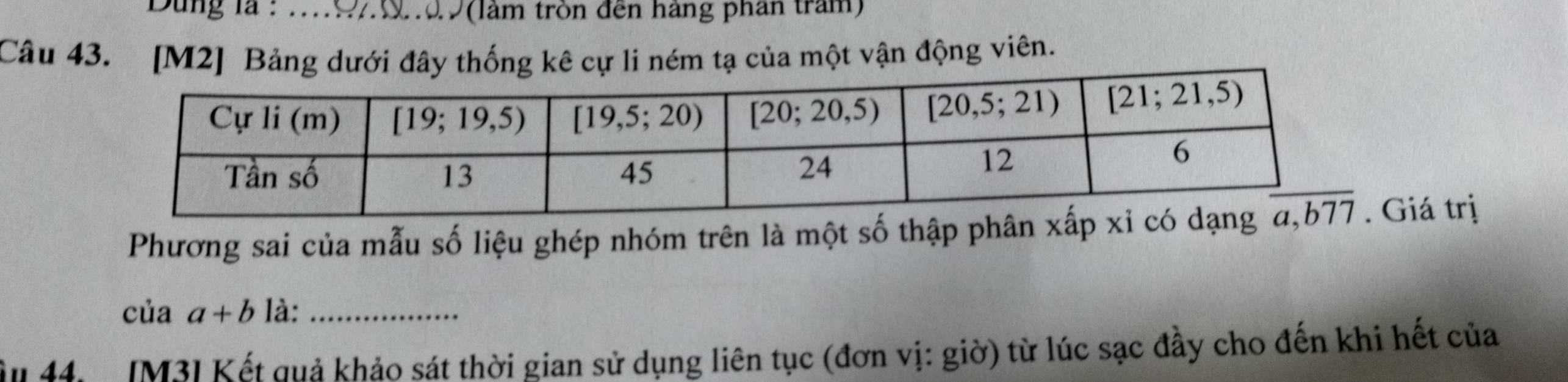 Dung là : .97N..9 (làm tròn đến hàng phân trăm)
Câu 43. [M2] Bảng dưới đây thống kê cự li ném tạ của một vận động viên.
Phương sai của mẫu số liệu ghép nhóm trên là một số thập ph Giá trị
của a+b là:_
An 44.  IM31 Kết quả khảo sát thời gian sử dụng liên tục (đơn vị: giờ) từ lúc sạc đầy cho đến khi hết của