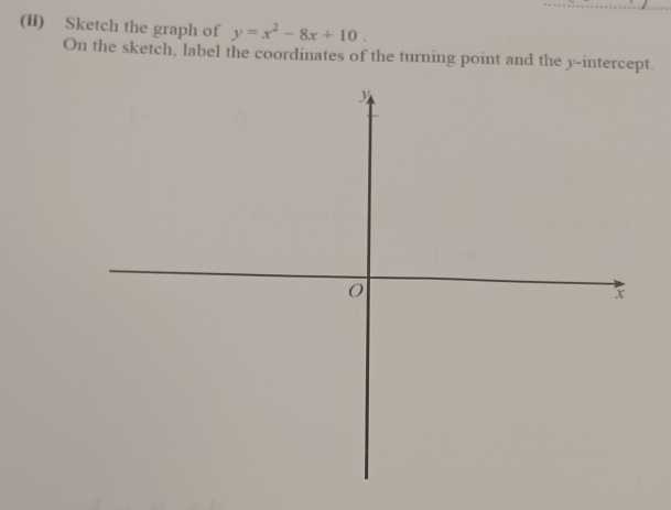 (ii) Sketch the graph of y=x^2-8x+10. 
On the sketch, label the coordinates of the turning point and the y-intercept.