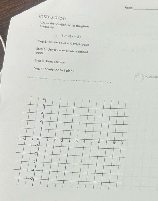 Name_ 
Instruction 
Graph the solution set to the given 
inequality
y-1>3(x-2)
Step 1: Locate point and graph poin! 
Step 2: Use slope to create a second 
point. 
Step 3: Draw the line 
Step 4: Shade the half plane