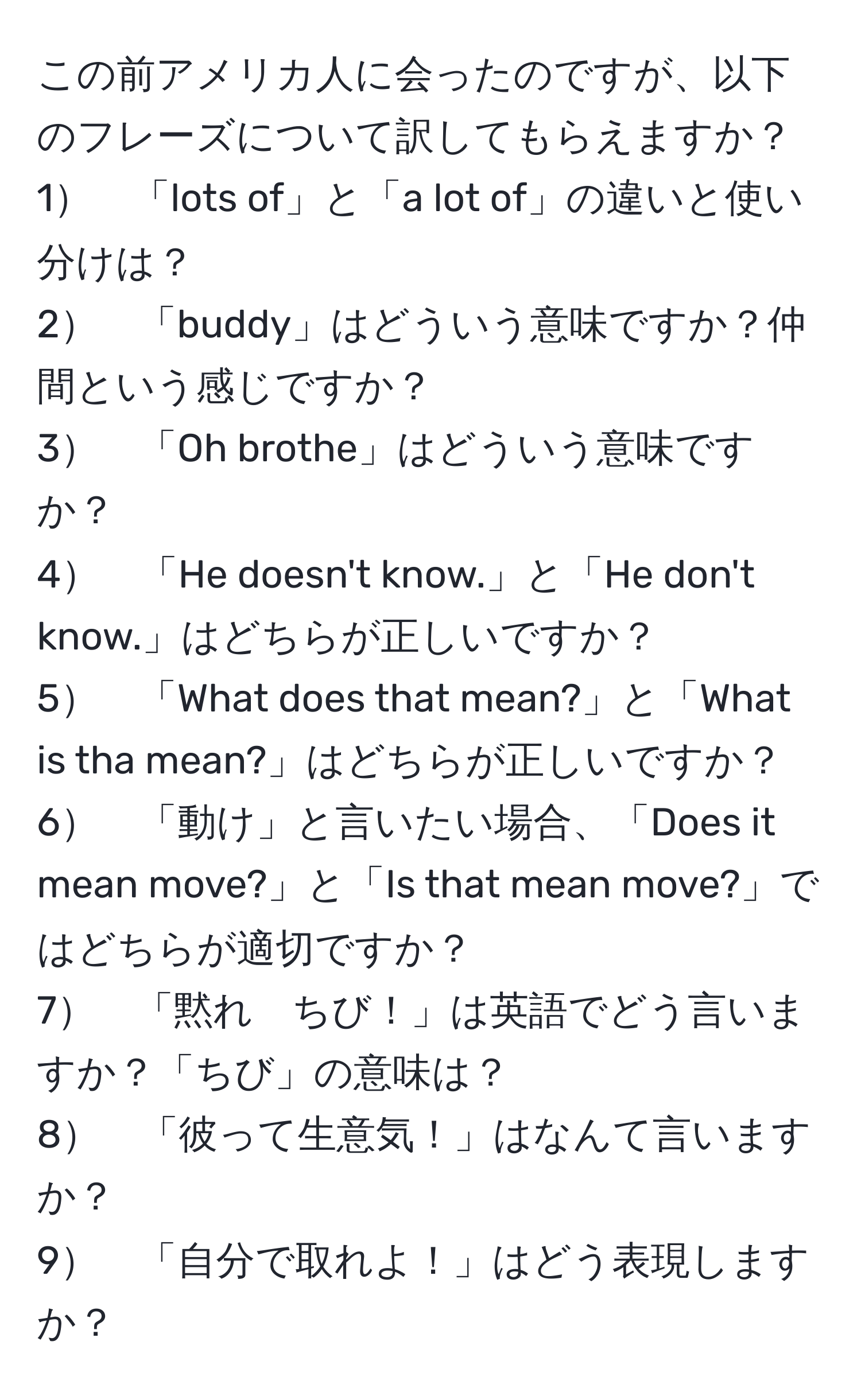 この前アメリカ人に会ったのですが、以下のフレーズについて訳してもらえますか？
1　「lots of」と「a lot of」の違いと使い分けは？
2　「buddy」はどういう意味ですか？仲間という感じですか？
3　「Oh brothe」はどういう意味ですか？
4　「He doesn't know.」と「He don't know.」はどちらが正しいですか？
5　「What does that mean?」と「What is tha mean?」はどちらが正しいですか？
6　「動け」と言いたい場合、「Does it mean move?」と「Is that mean move?」ではどちらが適切ですか？
7　「黙れ　ちび！」は英語でどう言いますか？「ちび」の意味は？
8　「彼って生意気！」はなんて言いますか？
9　「自分で取れよ！」はどう表現しますか？