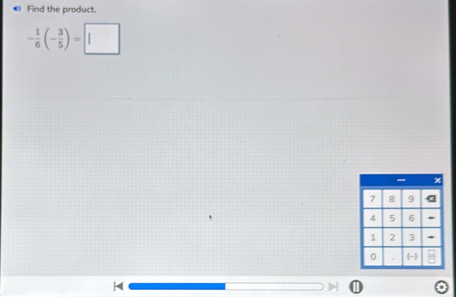 Find the product.
- 1/6 (- 3/5 )=□