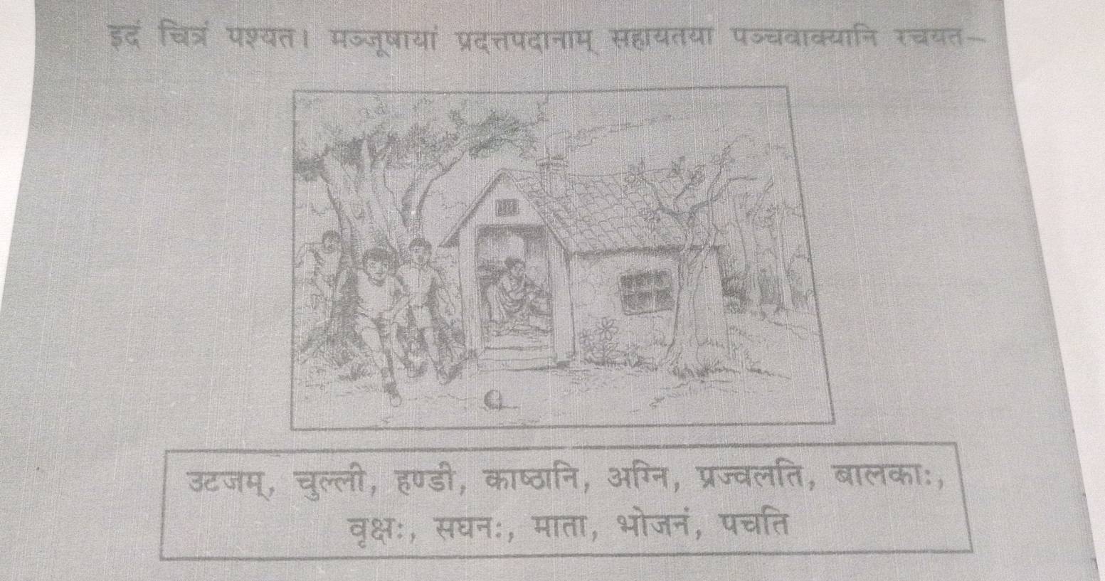 इदं चित्रं पश्यत। मज्जूषायां प्रदत्तपदानाम् सहायतया पज्चवाक्यानि रचयत- 
उटजम्, चुल्ली, हण्डी, काष्ठानि, अग्नि, प्रज्वलति, बालका:, 
वृक्षः, सघनः, माता, भोजनं, पचति