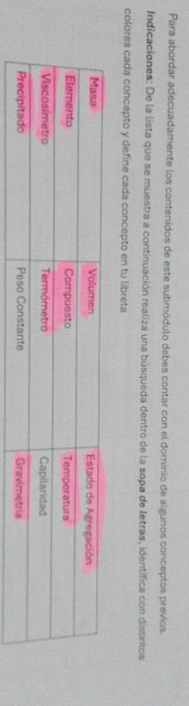 Para abordar adecuadamente los contenidos de este submódulo debes contar con el dominio de algunos conceptos previos. 
Indicaciones: De la lista que se muestra a continuación realiza una búsqueda dentro de la sopa de letras, identifica con distintos 
colores cada concepto y define cada concepto en tu libreta