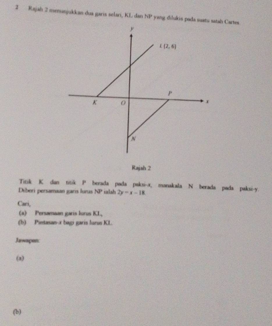 Rajah 2 menunjukkan dua garis selari, KL dan NP yang dilukis pada suatu satah Cartes
Rajah 2
Titik K dan titik P berada pada paksi-x, manakala N berada pada paksi-y.
Diberi persamaan garis lurus NP  salah 2y=x-18.
Cari,
(a) Persamaan garis lurus KL,
(b) Pintasan-x bagi garis lurus KL
Jawapan:
(a)
(b)