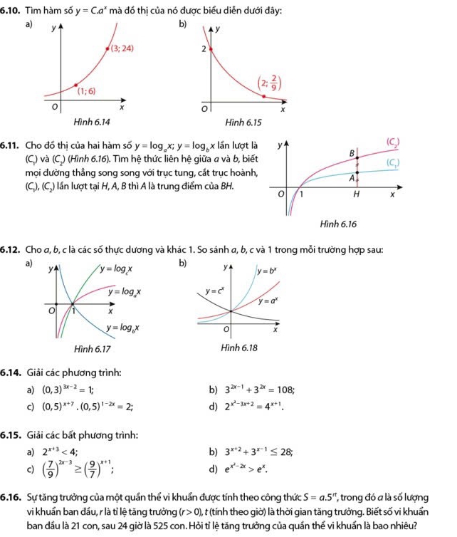 Tìm hàm số y=C.a^x mà đồ thị của nó được biểu diễn dưới đây:
a)
b)
 
 
6.11. Cho đổ thị của hai hàm số y=log _ax;y=log _bx lần lượt là
(C) và (Cạ) (Hình 6.16). Tìm hệ thức liên hệ giữa a và b, biết
mọi đường thẳng song song với trục tung, cắt trục hoành,
(C_1),(C_2) lần lượt tại H, A, B thì A là trung điểm của BH.
6.12. Cho a, b, c là các số thực dương và khác 1. So sánh a, b, c và 1 trong mỗi trường hợp sau:
a)
b)
 
 
6.14. Giải các phương trình:
a) (0,3)^3x-2=1; b) 3^(2x-1)+3^(2x)=108;
c) (0,5)^x+7.(0,5)^1-2x=2; d) 2^(x^2)-3x+2=4^(x+1).
6.15. Giải các bất phương trình:
b)
a) 2^(x+3)<4</tex> . 3^(x+2)+3^(x-1)≤ 28
c) ( 7/9 )^2x-3≥ ( 9/7 )^x+1. d) e^(x^2)-2x>e^x.
6.16. Sự tăng trưởng của một quần thể vi khuẩn được tính theo công thức S=a.5^(rt) *, trong đó a là số lượng
vi khuẩn ban đấu, r là tỉ lệ tăng trưởng (r>0) , t (tính theo giờ) là thời gian tăng trưởng. Biết số vi khuẩn
ban đầu là 21 con, sau 24 giờ là 525 con. Hỏi tỉ lệ tăng trưởng của quần thể vi khuẩn là bao nhiêu?