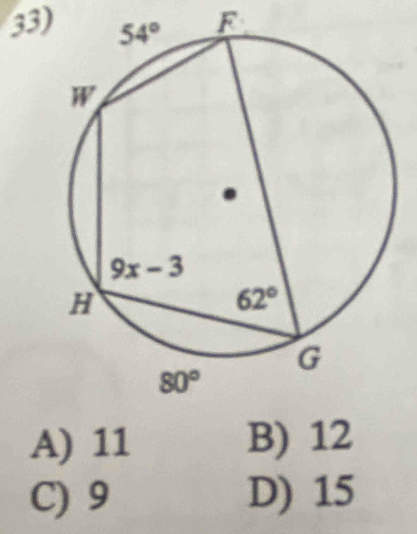 A) 11 B) 12
C) 9 D) 15