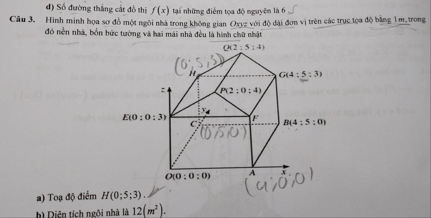 Số đường thắng cắt đồ thị f(x) tại những điểm tọa độ nguyên là 6
Câu 3. Hình minh họa sơ đồ một ngôi nhà trong không gian Oxyz với độ dài đơn vị trên các trục tọa độ bằng 1m, trong
đó nền nhà, bốn bức tường và hai mái nhà đều là hình chữ nhật
a) Toạ độ điểm 
b) Diện tích ngôi nhà là 12(m^2).