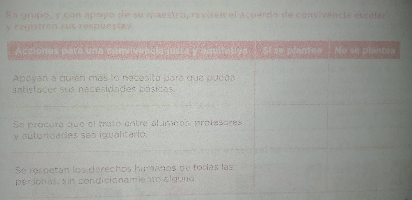 En grupo, y con apoyo de su maestro, revisen el acuerdo de convivencia escolár 
y registran sus respuestas.