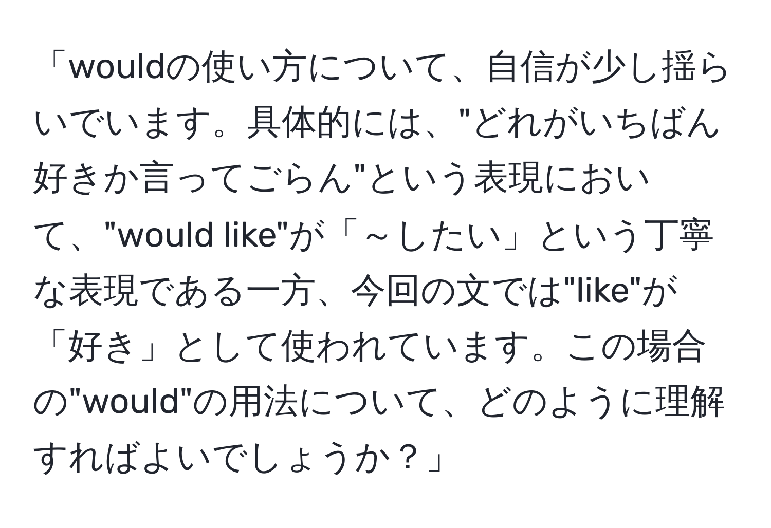 「wouldの使い方について、自信が少し揺らいでいます。具体的には、"どれがいちばん好きか言ってごらん"という表現において、"would like"が「～したい」という丁寧な表現である一方、今回の文では"like"が「好き」として使われています。この場合の"would"の用法について、どのように理解すればよいでしょうか？」