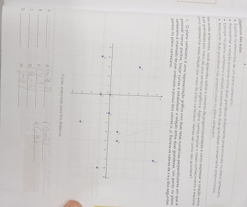 Objetivos das aulas 
Explorar os elementos de um plano cartesiano 
Representar a relação existente entre duas grandezas diretamente proporcionais no plaso cartesiano. 
Exboçar no plano cartesiano a relação existente entre duas grandezas inversamente proporcionais, 
Relacionar duas grandezas não proporcionais no plano cartesiano 
vas aulas anteriores, você aprendeu sobre o conceito de proporcionalidade e como expressar a relação entre 
Las grandezas por meio de uma sentença algébrica. Agora, vamos ampliar o nosso conhecimento e explorar 
romo representar essa relação por meio do plano cartesiano. Vamos ver como isso acontece? 
. O plano cartesiano é uma representação gráfica com duas retas numéricas perpendiculares em que é 
possível marcar pontos, traçar curvas e estabelecer a relação entre duas grandezas. Um ponto no plano 
cartesiano é chamado de par ordenado e possui dois valores (x,y)
pontos no plano cartesiano: . Escreva os valores de seguintes 
Fonte: elaborado para fins didáticos 
_ 
A:_ 
E. 
1. 
_ 
B._ 
_ 
F. 
Ji_ 
_ 
C: 
G:_ 
D: 
_ 
H:_