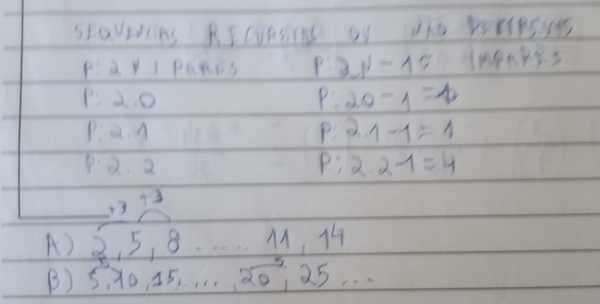 Stavedcns RECDRSTN Of Tho PEPSSE 
Pa Y I PaRis P 3N-15 1《88Y. 5
P. 2. o P. 20-1=4
P a. A P: 2.1-1=1
P2. 2 Pi 2.2-1=4
73+3
A) 3, 5, 8.…… M, 1
B) 5, x0, 45, . .203 25. .