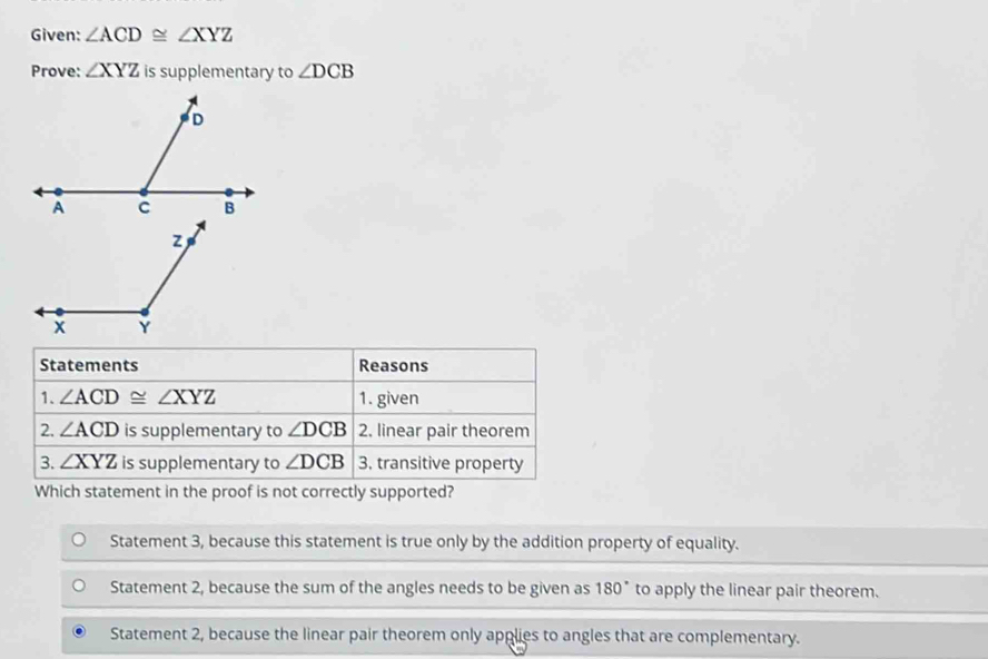Solved: Given: ∠ ACD≌ ∠ XYZ Prove: ∠ XYZ is supplementary to ∠ DCB ...