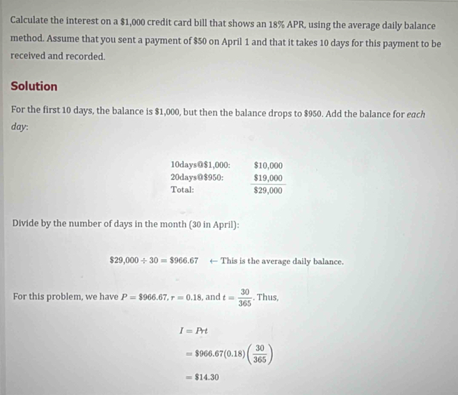 Calculate the interest on a $1,000 credit card bill that shows an 18% APR, using the average daily balance 
method. Assume that you sent a payment of $50 on April 1 and that it takes 10 days for this payment to be 
received and recorded. 
Solution 
For the first 10 days, the balance is $1,000, but then the balance drops to $950. Add the balance for each
day :
10days @ $1,000 :
20days @ $950 : 
Total: beginarrayr $10,000 $19,000 $29,000endarray
Divide by the number of days in the month (30 in April):
$29,000/ 30=$966.67 ← This is the average daily balance. 
For this problem, we have P=$966.67, r=0.18 , and t= 30/365 . Thus,
I=Prt
=$966.67(0.18)( 30/365 )
=$14.30