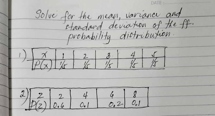 Solve for the mean, variana and
standard deviation of the ff.
probability distribution.