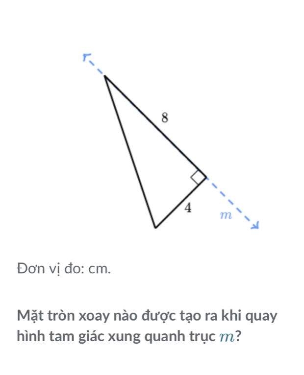 Đơn vị đo: cm. 
Mặt tròn xoay nào được tạo ra khi quay 
hình tam giác xung quanh trục m?