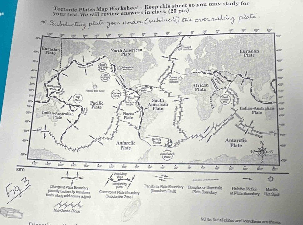 Tectonic Plates Map Worksheet - Keep this sheet so you may study for
your test. We will review answers in class. (20 pts)
Mid-Ocean Ridge NOTE: Not all plates and boundaries ara shown.