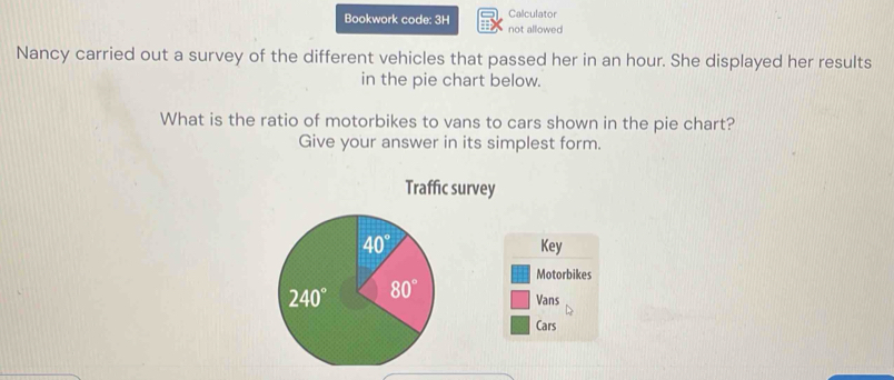 Calculator
Bookwork code: 3H not allowed
Nancy carried out a survey of the different vehicles that passed her in an hour. She displayed her results
in the pie chart below.
What is the ratio of motorbikes to vans to cars shown in the pie chart?
Give your answer in its simplest form.
Traffic survey
Key
Motorbikes
Vans
Cars