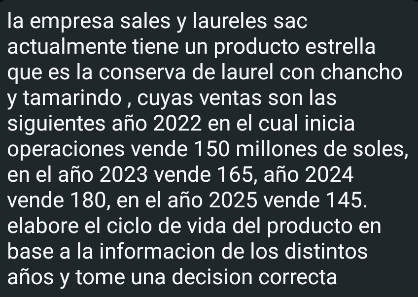 la empresa sales y laureles sac 
actualmente tiene un producto estrella 
que es la conserva de laurel con chancho 
y tamarindo , cuyas ventas son las 
siguientes año 2022 en el cual inicia 
operaciones vende 150 millones de soles, 
en el año 2023 vende 165, año 2024
vende 180, en el año 2025 vende 145. 
elabore el ciclo de vida del producto en 
base a la informacion de los distintos 
años y tome una decision correcta