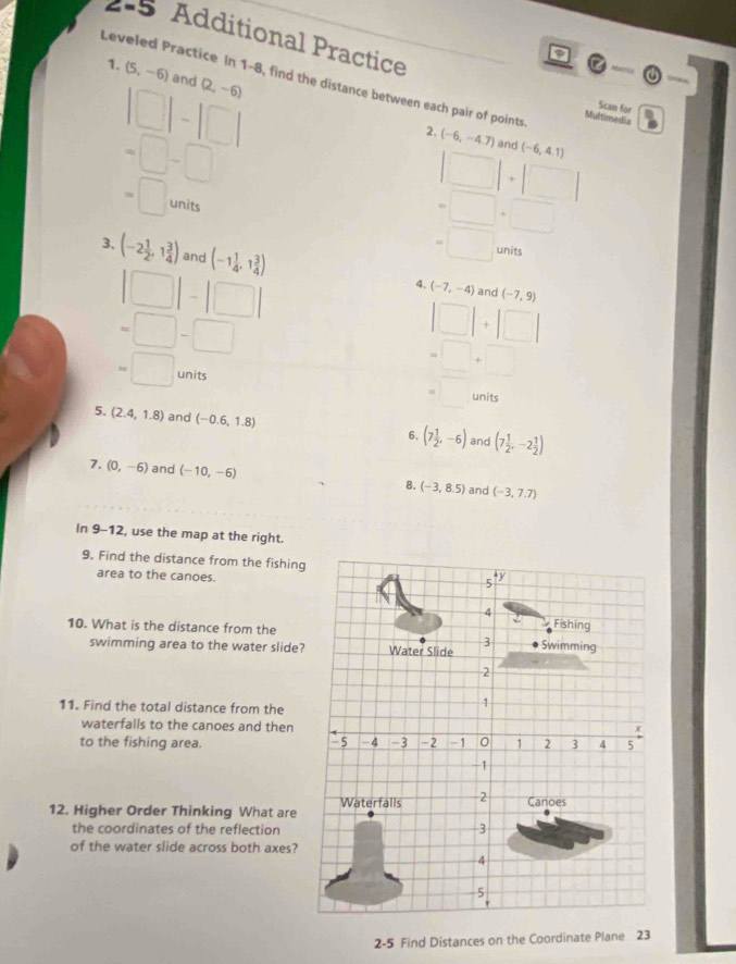 2-5 Additional Practice 
C 
1. (5,-6) and (2,-6)
6 
Leveled Practice In 1-8, find the distance between each pair of points Multimedia 
|□ |-|□ | 
Scan for
=□ -□
2. (-6,-4.7) and (-6,4.1)
=□ units
|□ |+| frac 
=□ +□
3. (-2 1/2 ,1 3/4 ) and (-1 1/4 ,1 3/4 )
=□ units
|□ |-|□ |
4. (-7,-4) and (-7,9)
=□ -□
|□ |+|□ |
=□ units
=□ +□
=□ units 
5. (2.4,1.8) and (-0.6,1.8) 6. (7 1/2 ,-6) and (7 1/2 ,-2 1/2 )
7. (0,-6) and (-10,-6) 8. (-3,8.5) and (-3,7.7)
In 9-12, use the map at the right. 
9. Find the distance from the fishing 
area to the canoes. 
10. What is the distance from the 
swimming area to the water slide? 
11. Find the total distance from the 
waterfalls to the canoes and then 
to the fishing area. 
12. Higher Order Thinking What are 
the coordinates of the reflection 
of the water slide across both axes? 
2-5 Find Distances on the Coordinate Plane 23