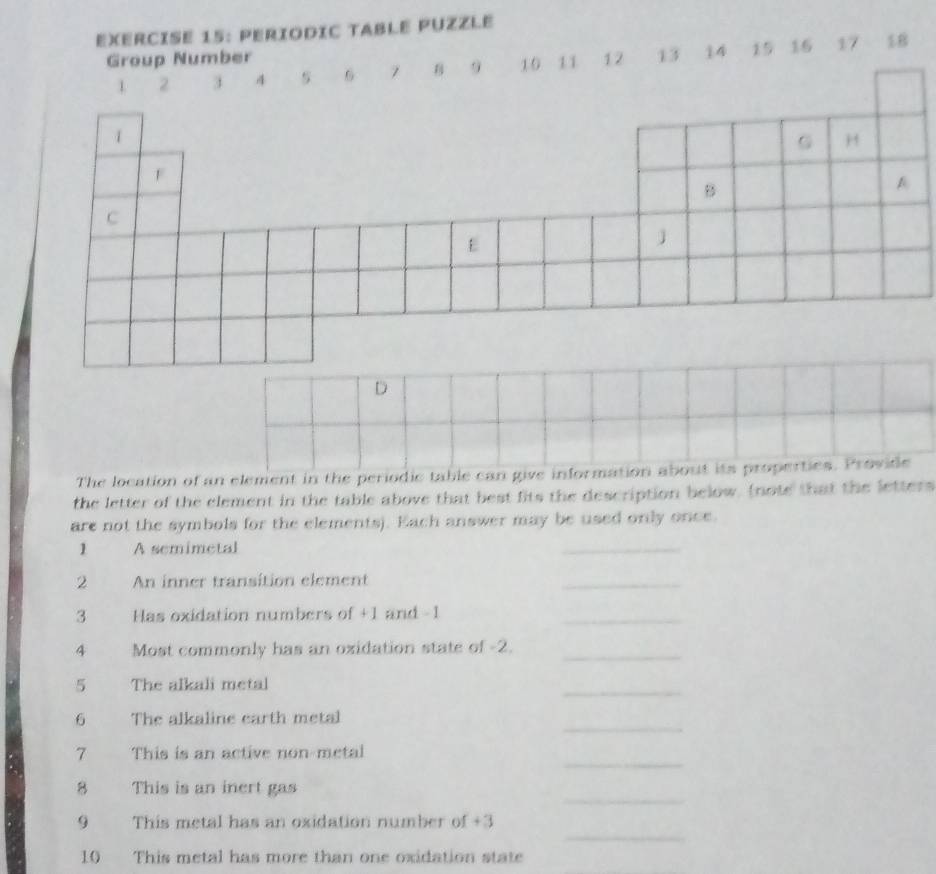 PERIODIC TABLE PUZZLE 
Group Number 11 12 13 14 15 16 17 18
D 
The location of an element in the periodic table can give information about its properties. Provide 
the letter of the element in the table above that best fits the description below. (note that the letters 
are not the symbols for the elements). Each answer may be used only once. 
1 A semimetal 
_ 
2 An inner transition element 
_ 
3 Has oxidation numbers of +1 and - 1
_ 
4 Most commonly has an oxidation state of -2._ 
5 The alkali metal 
_ 
_ 
6 The alkaline carth metal 
_ 
7 This is an active non-metal 
_ 
8 This is an inert gas 
_ 
9 This metal has an oxidation number of +3
10 This metal has more than one oxidation state