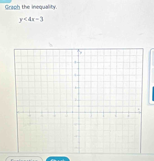 Graph the inequality.
y<4x-3</tex>