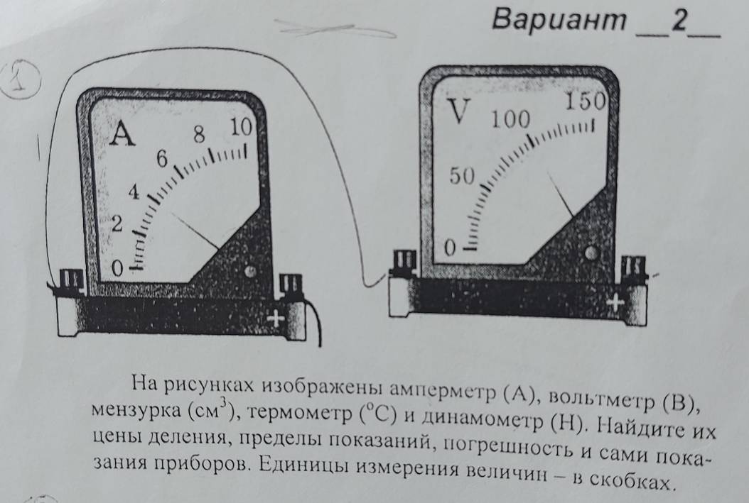 Bариант _2 
_ 
На рисунках изображены амперметр (А), вольтметр (Β), 
мензурка (CM^3) , термометр (^circ C) и динамометр (Н). Найдиτе их 
цень деления, предель πоказаний, погрешность и сами πока- 
зания приборов. Εдиницы измерения величин - в скобках.