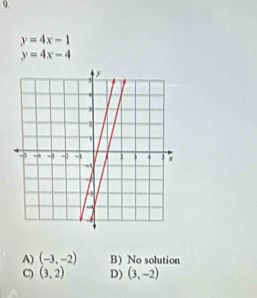 0 .
y=4x-1
y=4x-4
A) (-3,-2) B) No solution
C) (3,2) D) (3,-2)