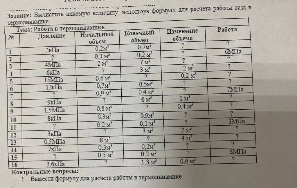 юо веπнчнηу, нсπользуя формулу πя расчеτа рабοτыι газа в
т
Контрольные вопр
1. Вывесτη формулу δдля расчеτа рρабοτыι в τермοдηнаνηке.