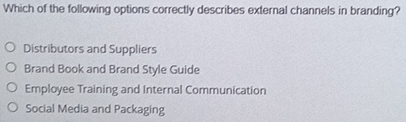 Which of the following options correctly describes external channels in branding?
Distributors and Suppliers
Brand Book and Brand Style Guide
Employee Training and Internal Communication
Social Media and Packaging