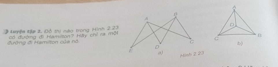 A 
Luyện tập 2 Đồ thị nào trong Hình 2.23
có đường đi Hamilton? Hãy chỉ ra một 
đường đi Hamilton của nó. 
C 
D 
E a) 
Hinh 2.23