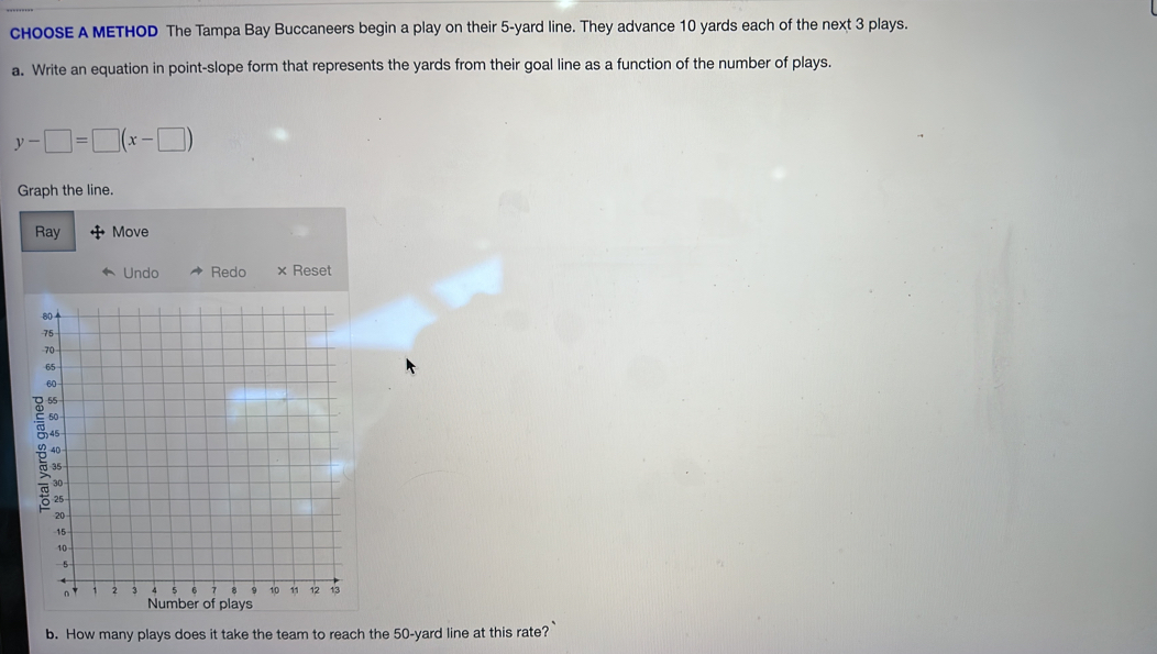 cHooSE A METHOD The Tampa Bay Buccaneers begin a play on their 5-yard line. They advance 10 yards each of the next 3 plays. 
a. Write an equation in point-slope form that represents the yards from their goal line as a function of the number of plays.
y-□ =□ (x-□ )
Graph the line. 
Ray Move 
Undo Redo × Reset 
b. How many plays does it take the team to reach the 50-yard line at this rate? `