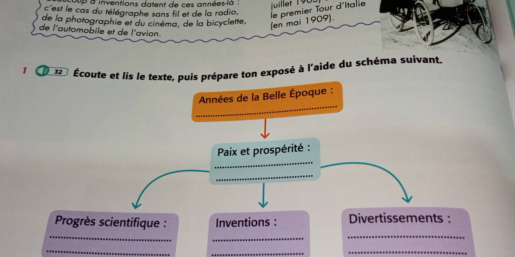 coup d'inventions datent de ces années-la : 
uillet 190. 
c'est le cas du télégraphe sans fil et de la radio, 
le premier Tour d'Italie 
de la photographie et du cinéma, de la bicyclette, 
(en mai 1909). 
de l'automobile et de l'avion. 
1 32 Écoute et lis le texte, puis prépare ton exposé à l'aide du schéma suivant. 
_ 
Années de la Belle Époque : 
_ 
Paix et prospérité : 
_ 
Progrès scientifique : Inventions : 
Divertissements : 
_ 
_ 
_ 
_ 
_ 
_
