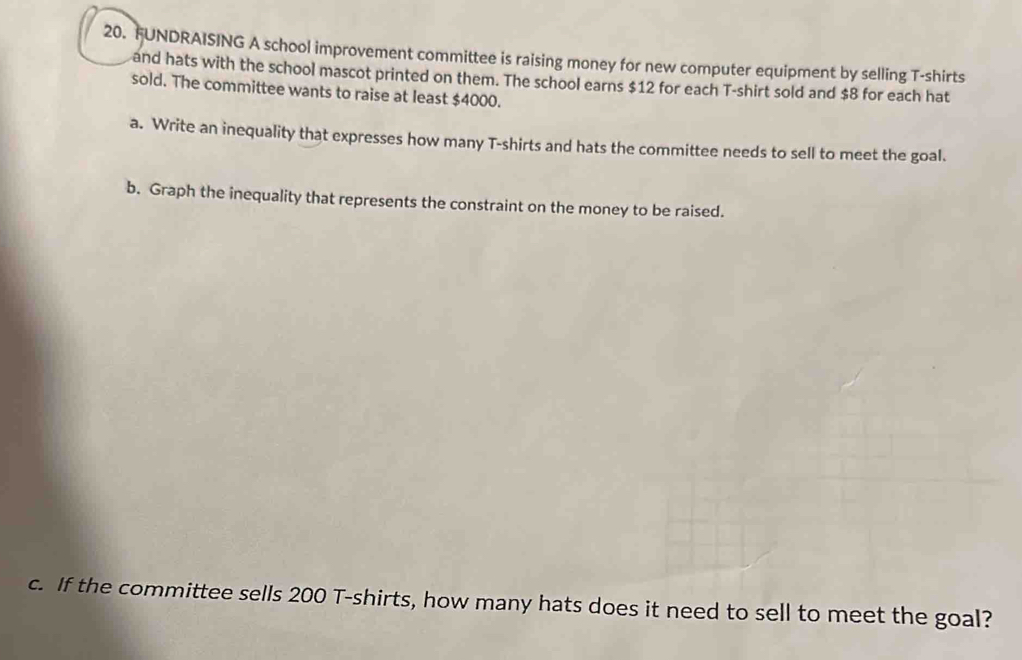 FUNDRAISING A school improvement committee is raising money for new computer equipment by selling T-shirts 
and hats with the school mascot printed on them. The school earns $12 for each T-shirt sold and $8 for each hat 
sold. The committee wants to raise at least $4000. 
a. Write an inequality that expresses how many T-shirts and hats the committee needs to sell to meet the goal. 
b. Graph the inequality that represents the constraint on the money to be raised. 
c. If the committee sells 200 T-shirts, how many hats does it need to sell to meet the goal?