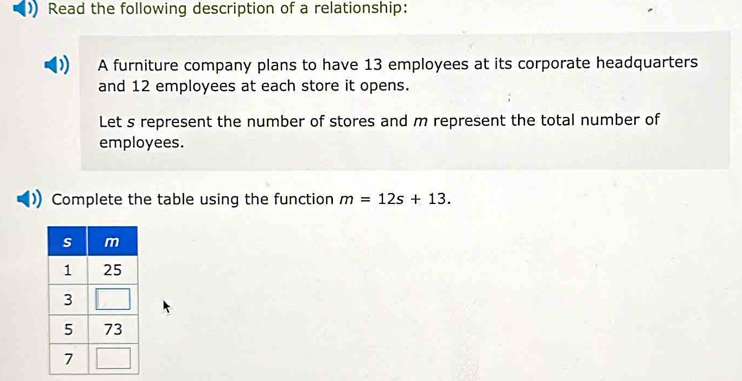 Read the following description of a relationship: 
A furniture company plans to have 13 employees at its corporate headquarters 
and 12 employees at each store it opens. 
Let s represent the number of stores and m represent the total number of 
employees. 
Complete the table using the function m=12s+13.