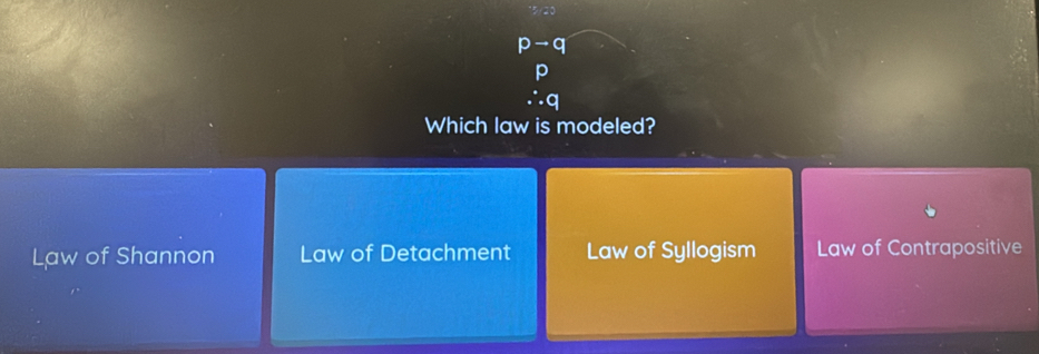 Which law is modeled?
Law of Shannon Law of Detachment Law of Syllogism Law of Contrapositive