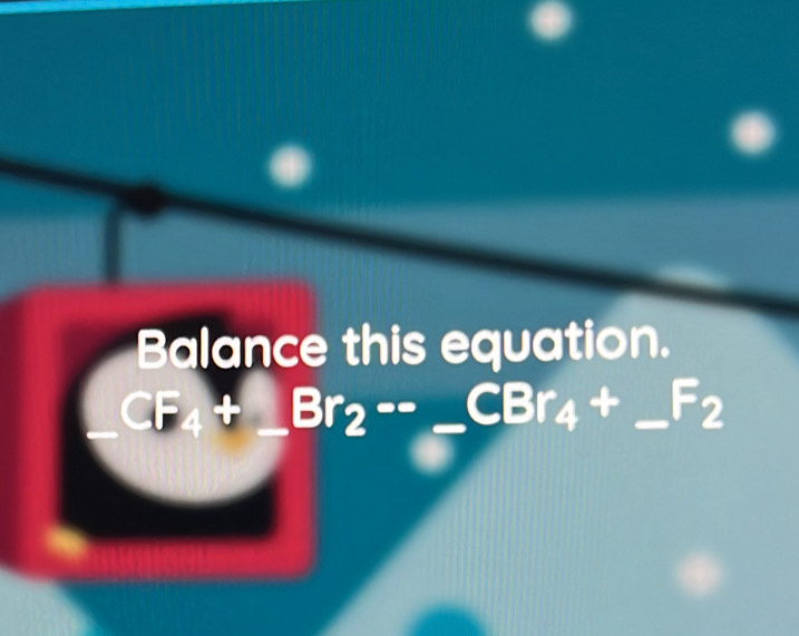 Balance this equation.
CF_4+_ Br_2--CBr_4+ _  F_2